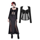 Darkinlove Women's Cyberpunk Studded Mesh Patchwork Square-cut Collar Long Sleeve Top