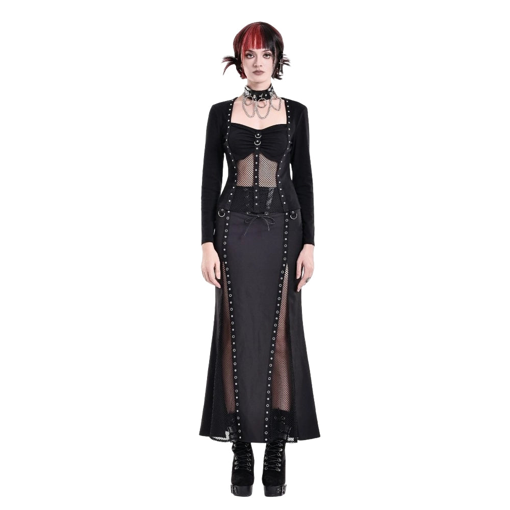 Darkinlove Women's Cyberpunk Studded Mesh Patchwork Square-cut Collar Long Sleeve Top