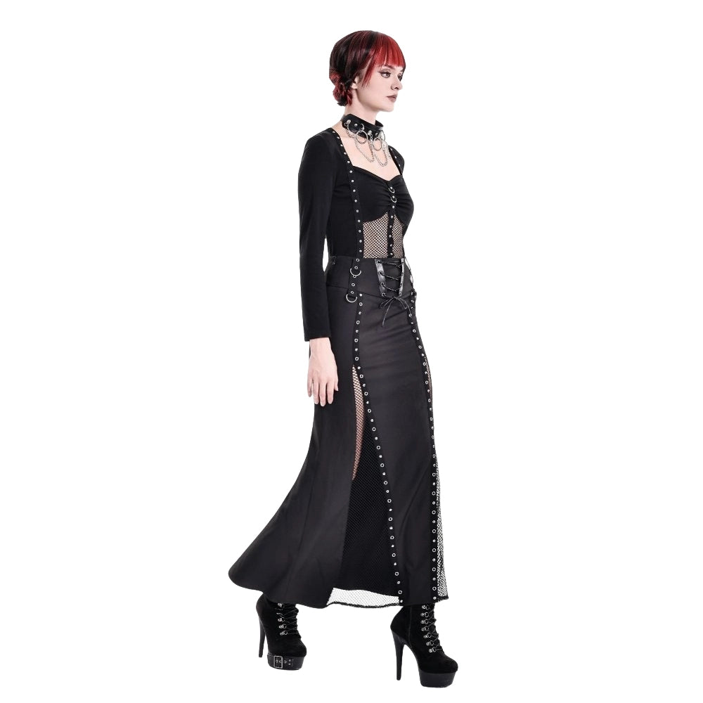 Darkinlove Women's Cyberpunk Studded Mesh Patchwork Square-cut Collar Long Sleeve Top