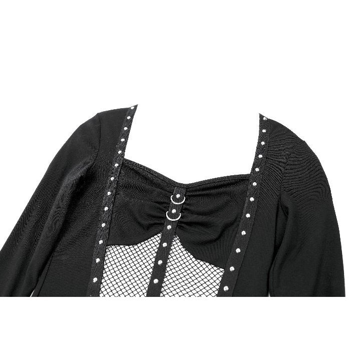 Darkinlove Women's Cyberpunk Studded Mesh Patchwork Square-cut Collar Long Sleeve Top