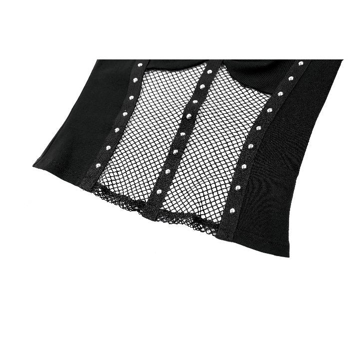 Darkinlove Women's Cyberpunk Studded Mesh Patchwork Square-cut Collar Long Sleeve Top