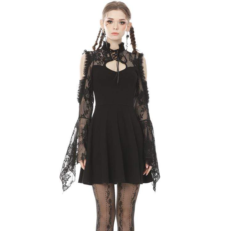 Darkinlove Women's Dark Cutout Shoulder Lace Sleeved Black Little Dresses
