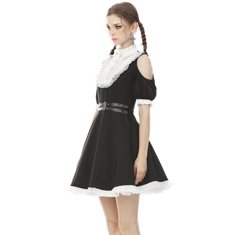 Darkinlove Women's Dark Cutout Shoulder Shirt Collar Black Dress Maid Dresses with Belt
