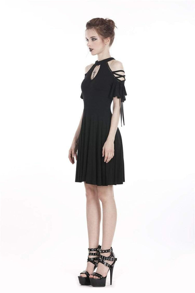 Darkinlove Women's Goth Crisscross Off-Shoulder Black Little Dress
