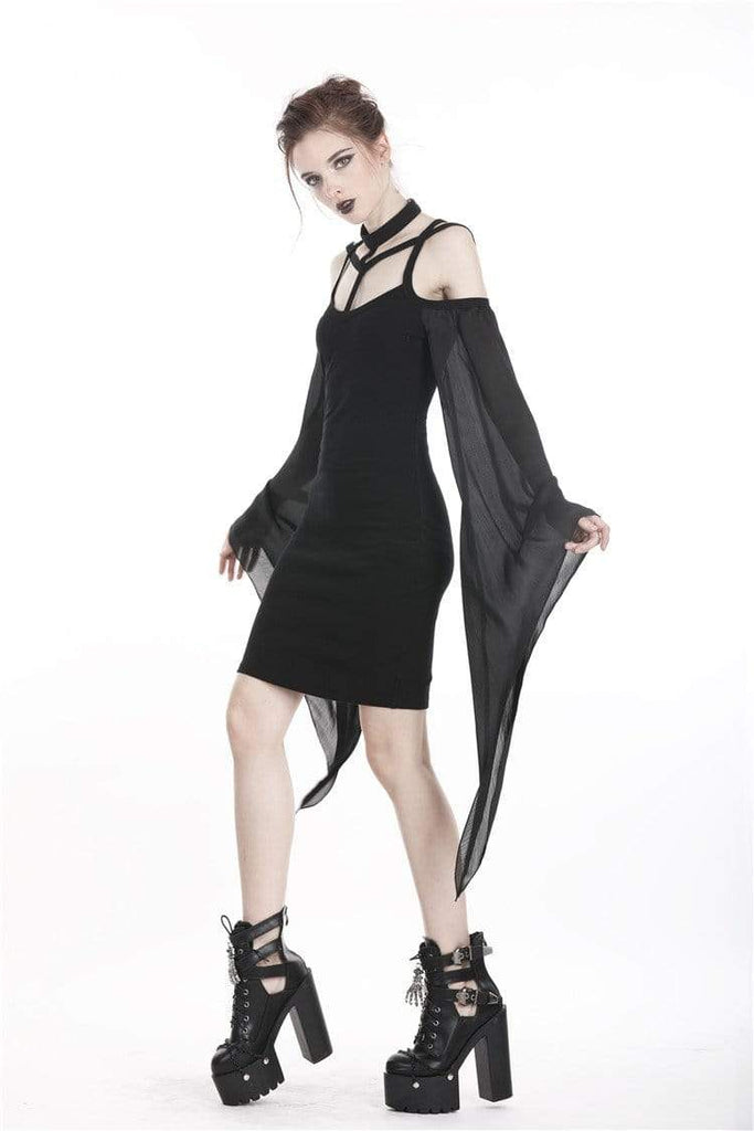 Darkinlove Women's Goth Crisscross Tulle Sleeves Backless Black Little Dress