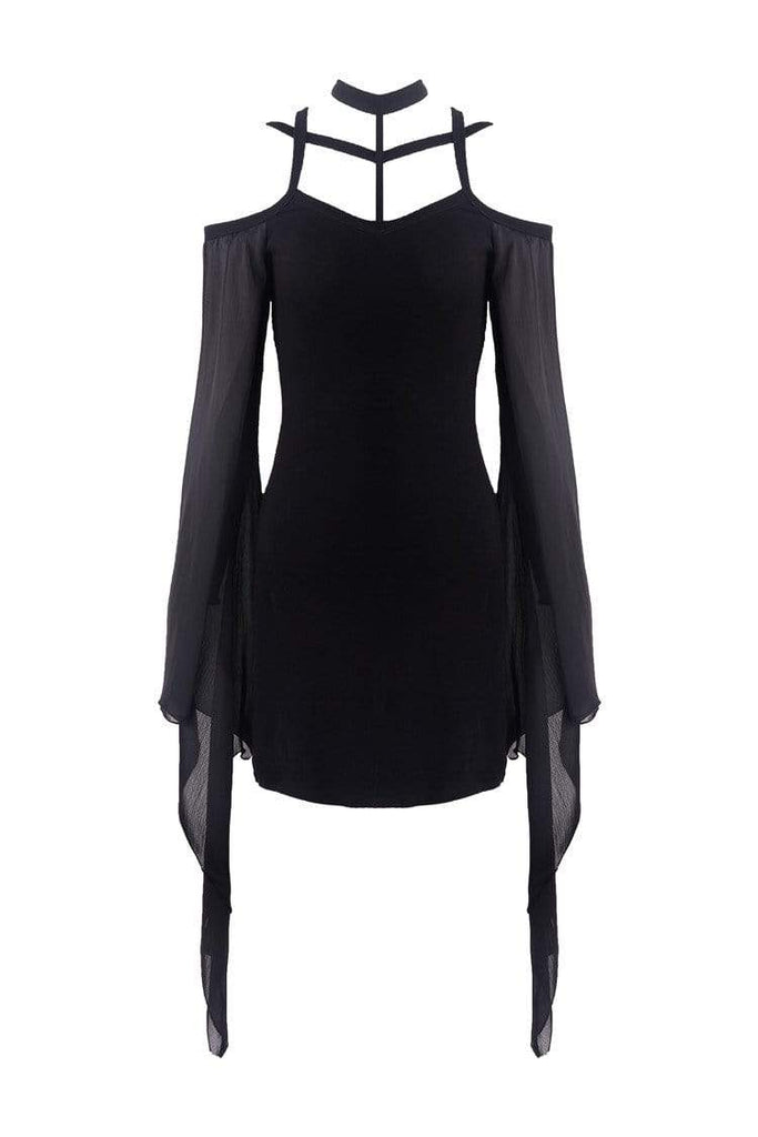 Darkinlove Women's Goth Crisscross Tulle Sleeves Backless Black Little Dress
