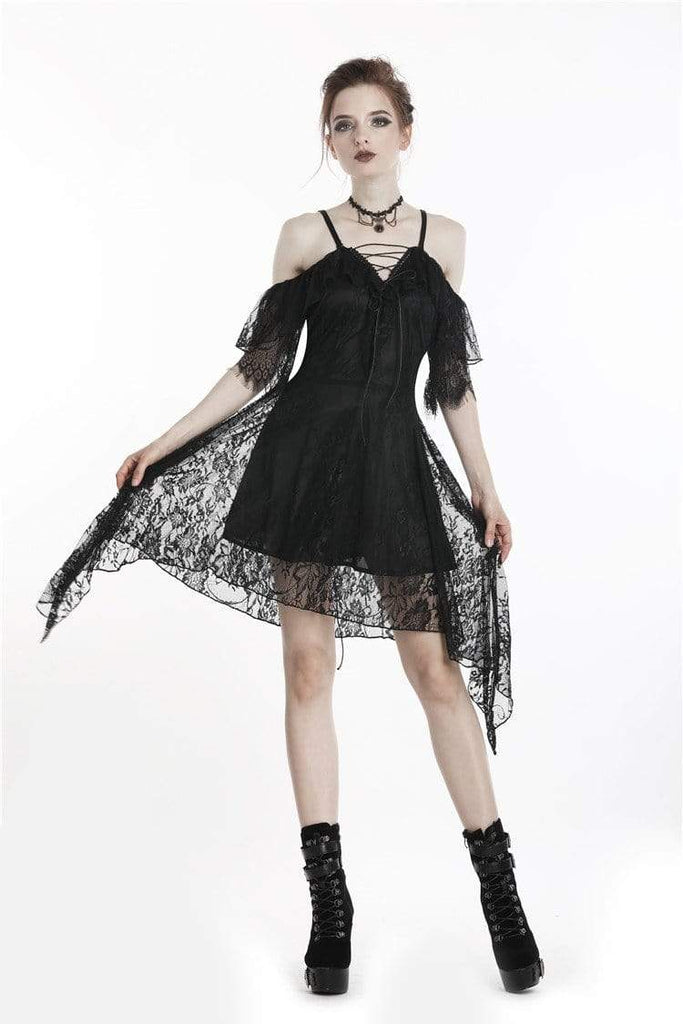 Darkinlove Women's Goth Off-Shoulder Lace Black Little Dress With Irregular Hem