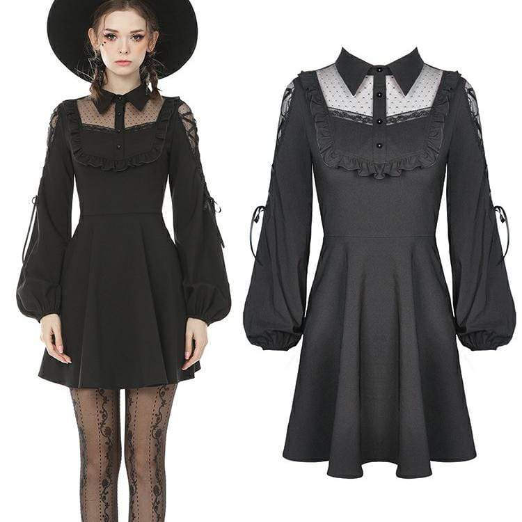Darkinlove Women's Goth Turn-down Collar Puff Sleeved Ruffles Black Little Dresses