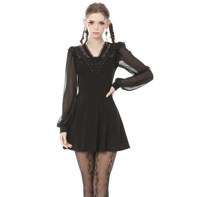 Darkinlove Women's Goth V-Neck Mesh Sleeved Balck Little Dress