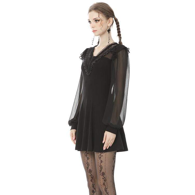 Darkinlove Women's Goth V-Neck Mesh Sleeved Balck Little Dress