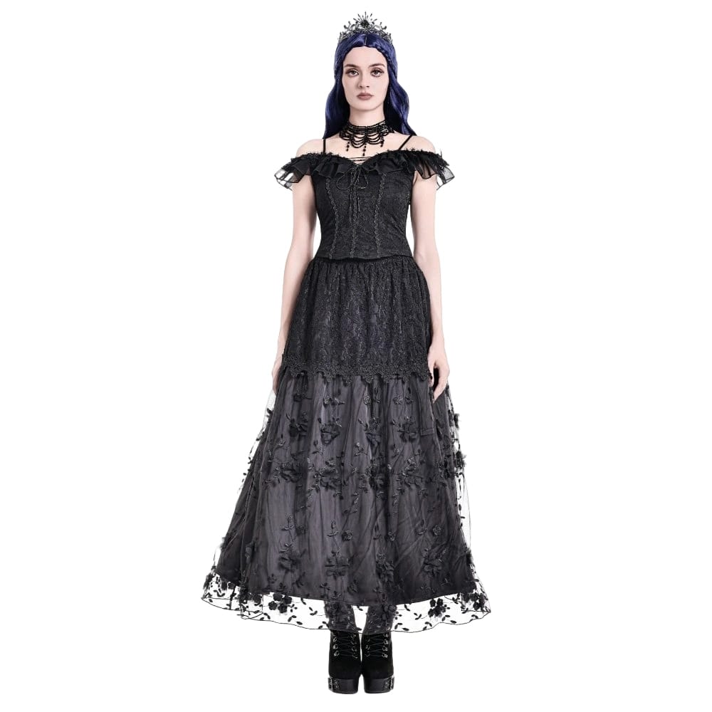 Darkinlove Women's Gothic 3D Floral Applique Vine Embroidered Tiered Maxi Skirt