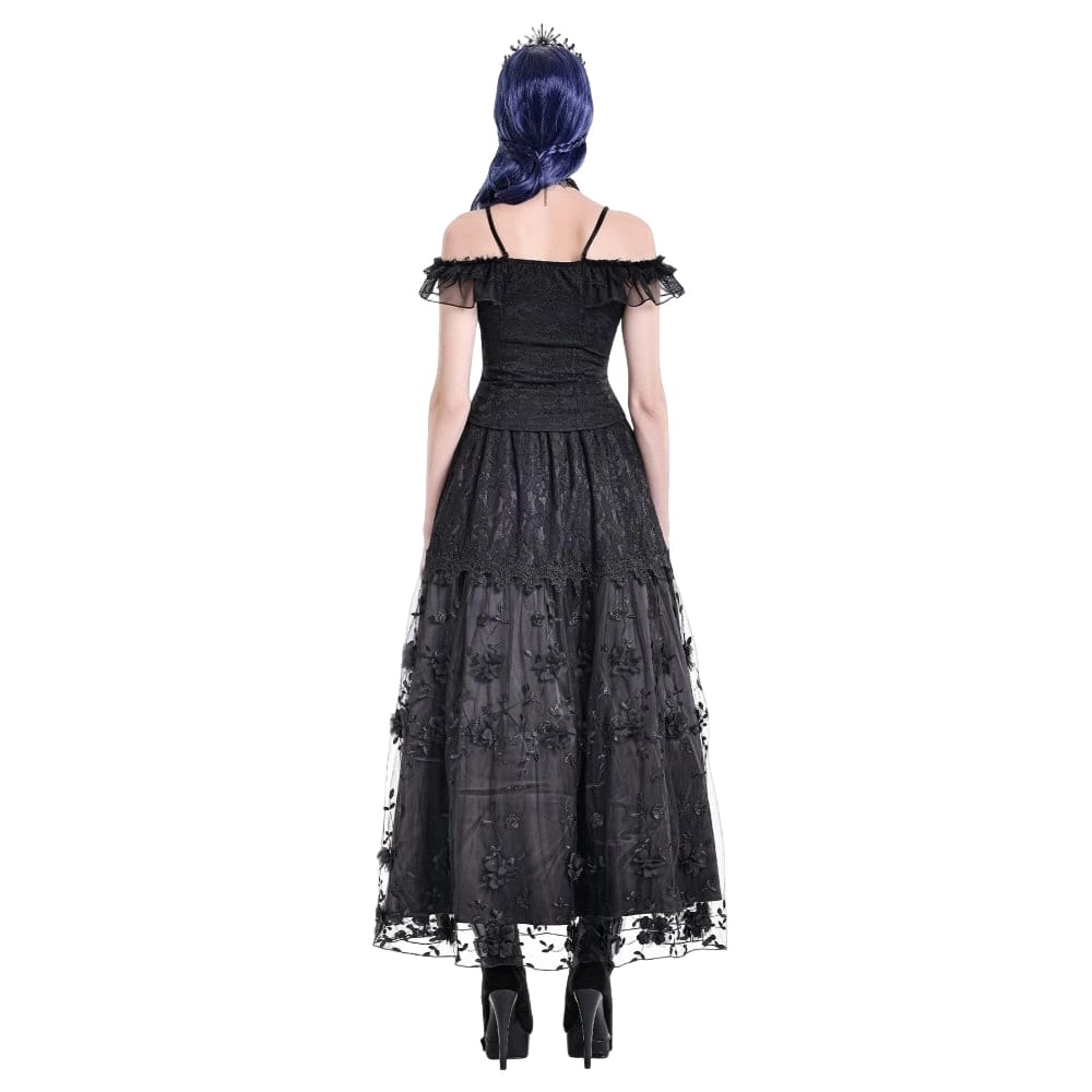 Darkinlove Women's Gothic 3D Floral Applique Vine Embroidered Tiered Maxi Skirt