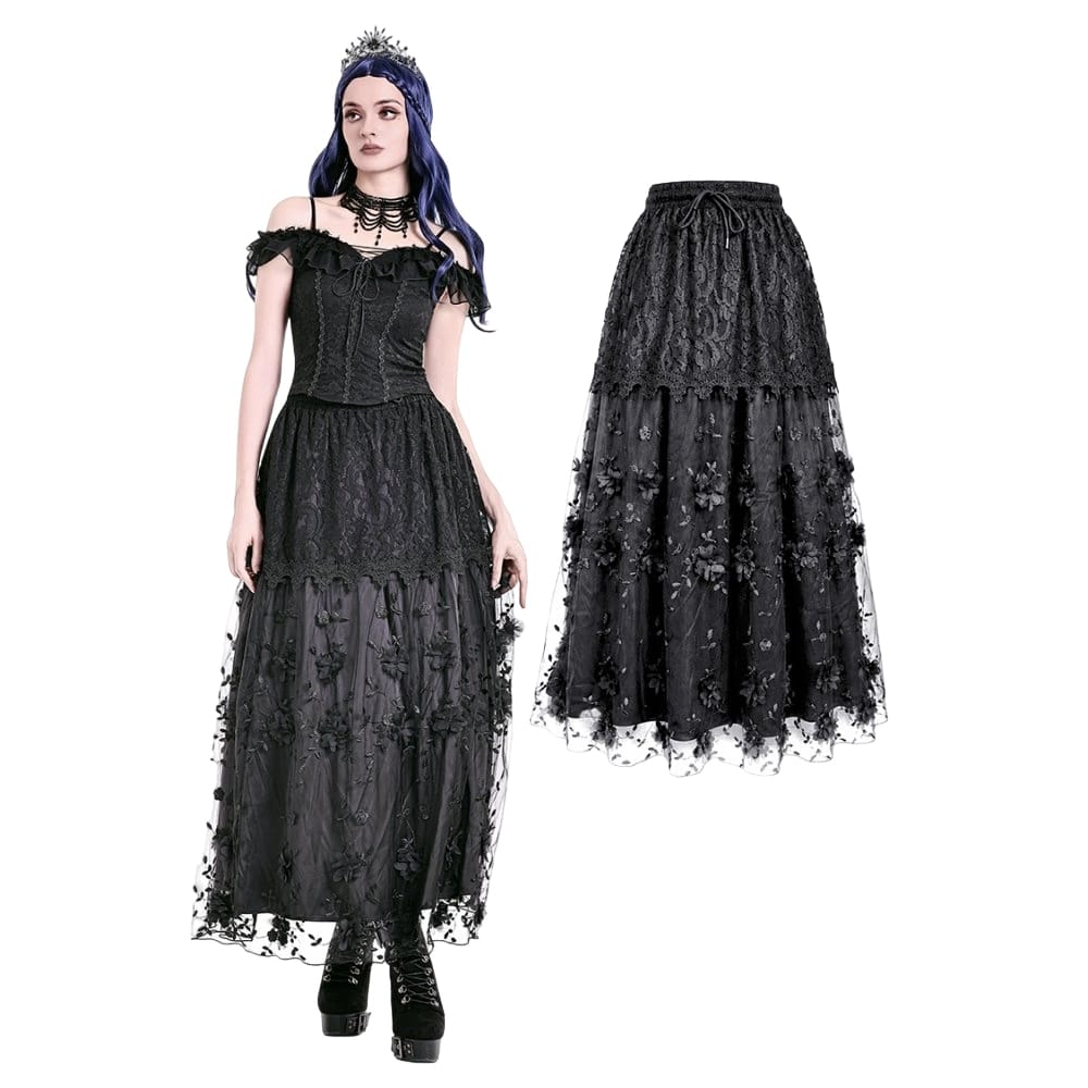 Darkinlove Women's Gothic 3D Floral Applique Vine Embroidered Tiered Maxi Skirt