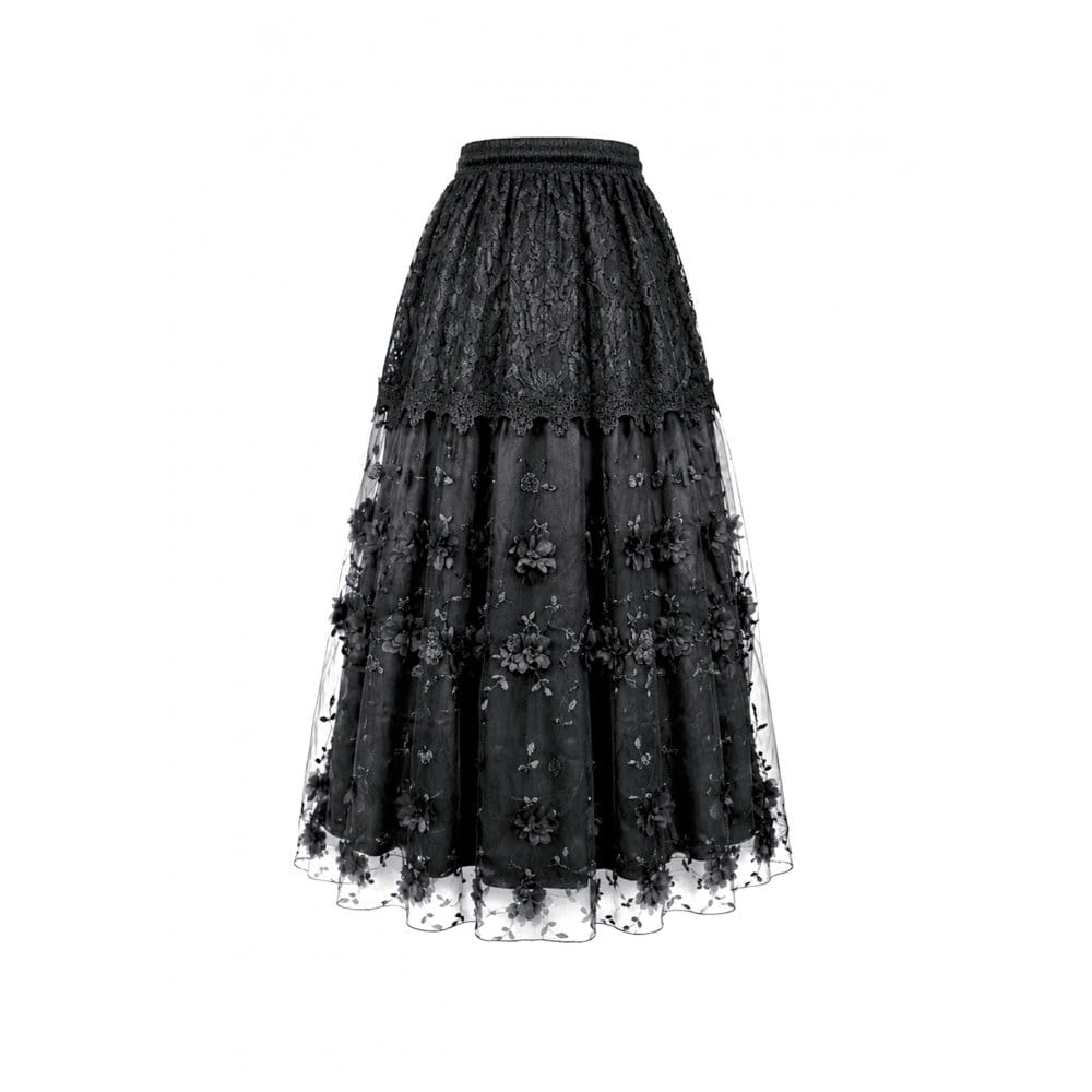 Darkinlove Women's Gothic 3D Floral Applique Vine Embroidered Tiered Maxi Skirt