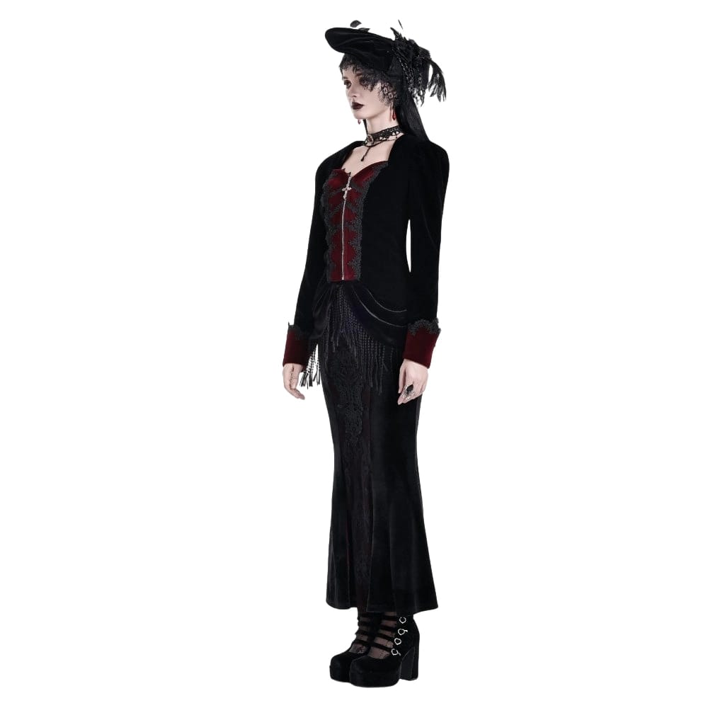 Darkinlove Women's Gothic Applique Two‑Tone Zipper Velvet Tailcoat Jacket