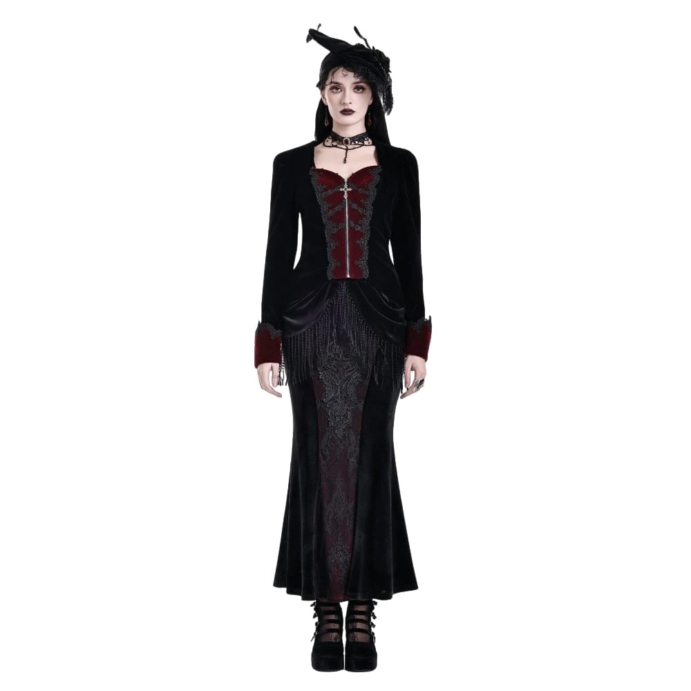 Darkinlove Women's Gothic Applique Two‑Tone Zipper Velvet Tailcoat Jacket