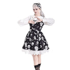 Darkinlove Women's Gothic Bat Coffin Skull Print Peter Pan Collar Bishop Sleeve Short Dress