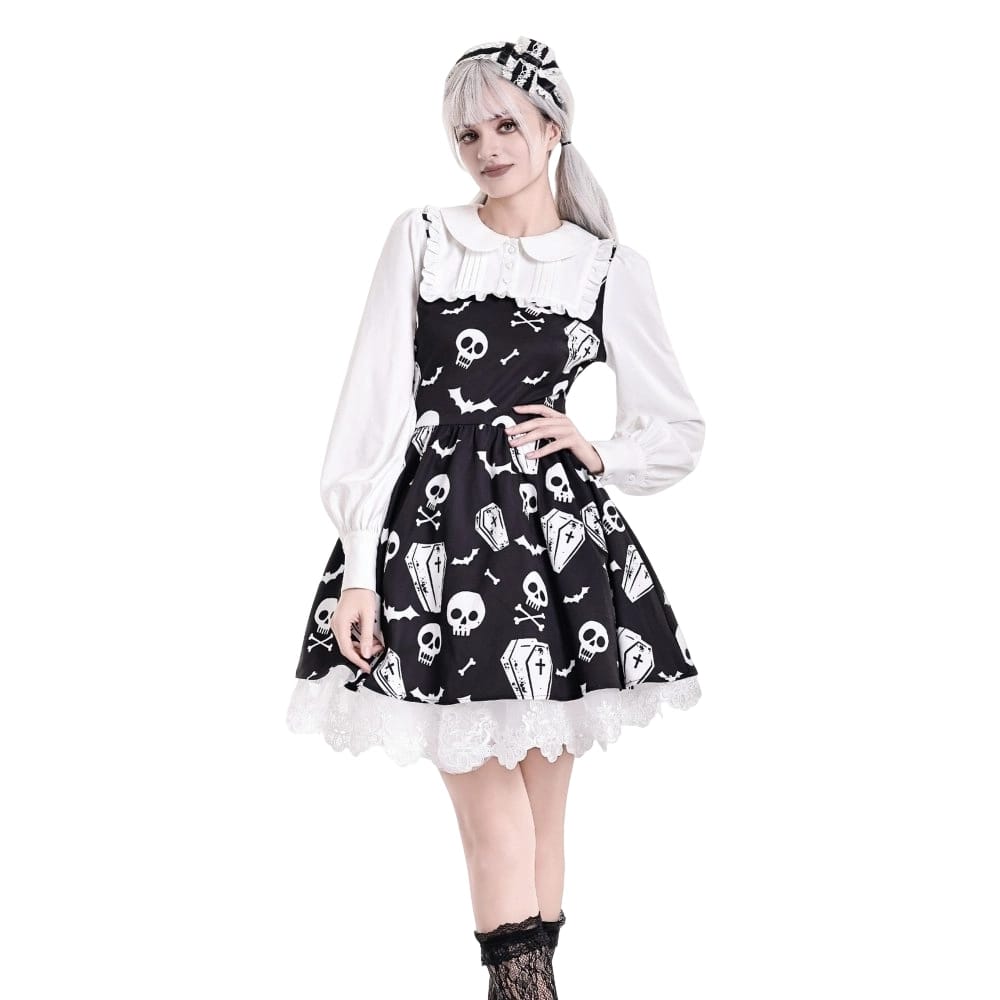 Darkinlove Women's Gothic Bat Coffin Skull Print Peter Pan Collar Bishop Sleeve Short Dress