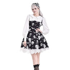 Darkinlove Women's Gothic Bat Coffin Skull Print Peter Pan Collar Bishop Sleeve Short Dress