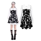 Darkinlove Women's Gothic Bat Coffin Skull Print Peter Pan Collar Bishop Sleeve Short Dress