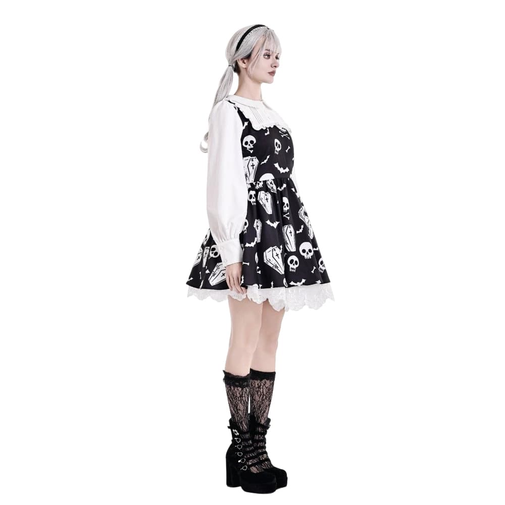 Darkinlove Women's Gothic Bat Coffin Skull Print Peter Pan Collar Bishop Sleeve Short Dress