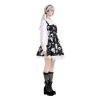 Darkinlove Women's Gothic Bat Coffin Skull Print Peter Pan Collar Bishop Sleeve Short Dress