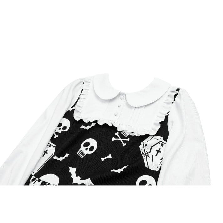 Darkinlove Women's Gothic Bat Coffin Skull Print Peter Pan Collar Bishop Sleeve Short Dress