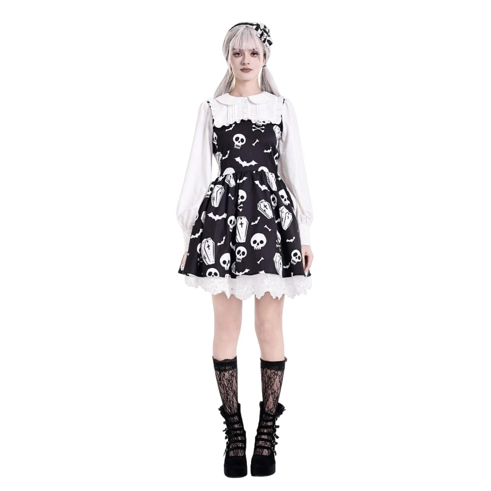 Darkinlove Women's Gothic Bat Coffin Skull Print Peter Pan Collar Bishop Sleeve Short Dress