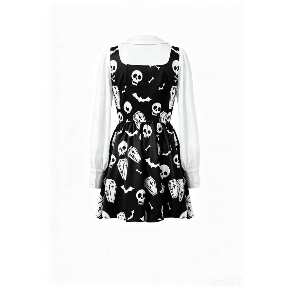 Darkinlove Women's Gothic Bat Coffin Skull Print Peter Pan Collar Bishop Sleeve Short Dress