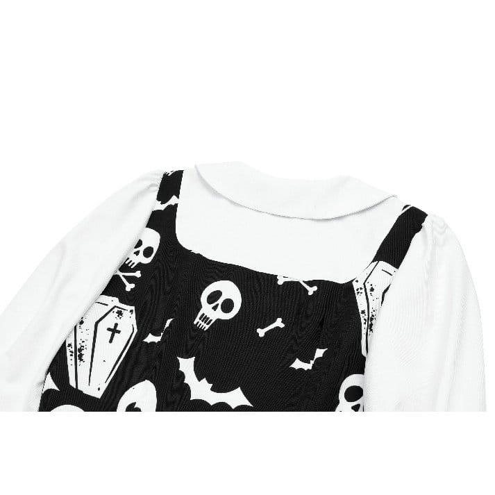Darkinlove Women's Gothic Bat Coffin Skull Print Peter Pan Collar Bishop Sleeve Short Dress