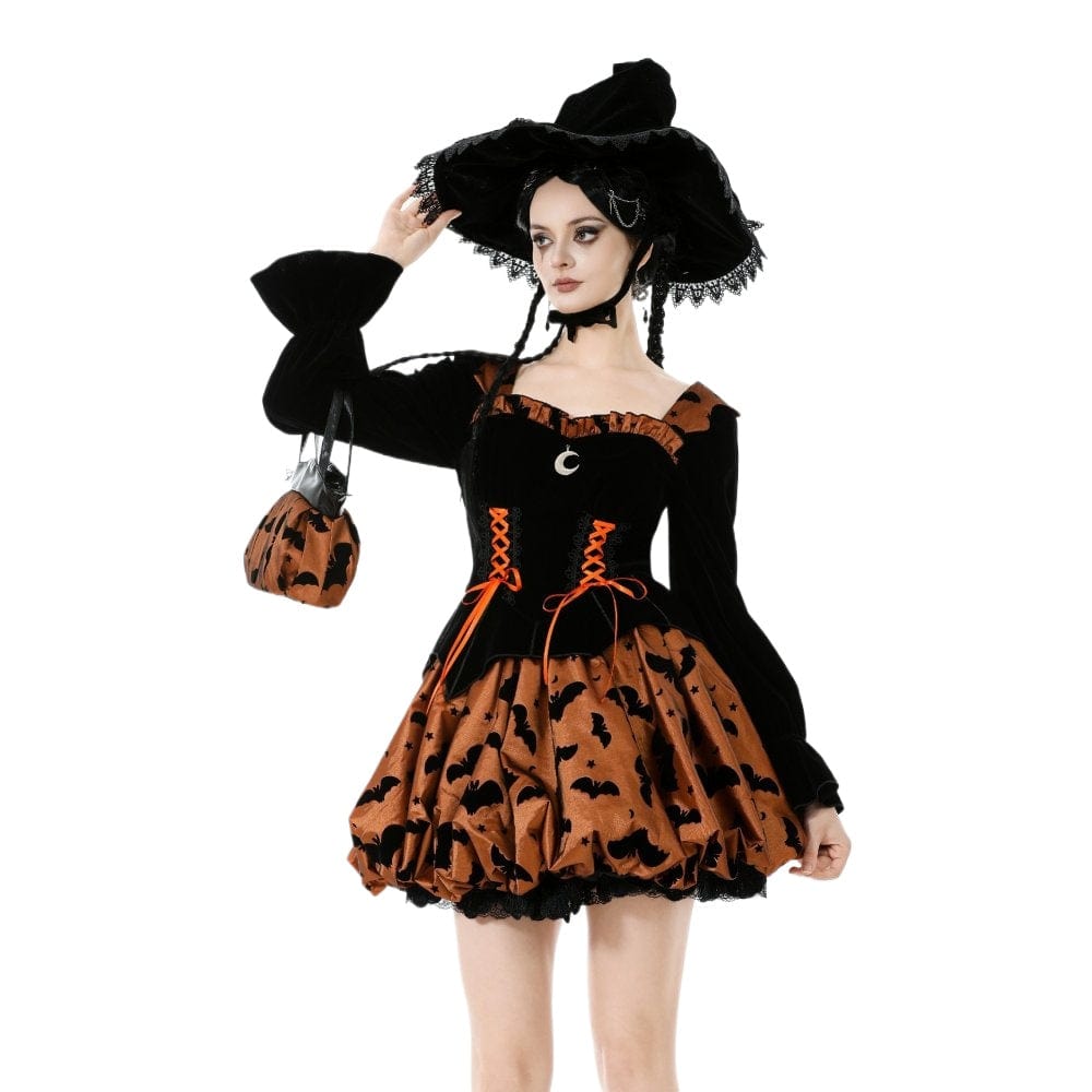 Darkinlove Women's Gothic Bat Printed Lace-up Pumpkin Halloween Dress