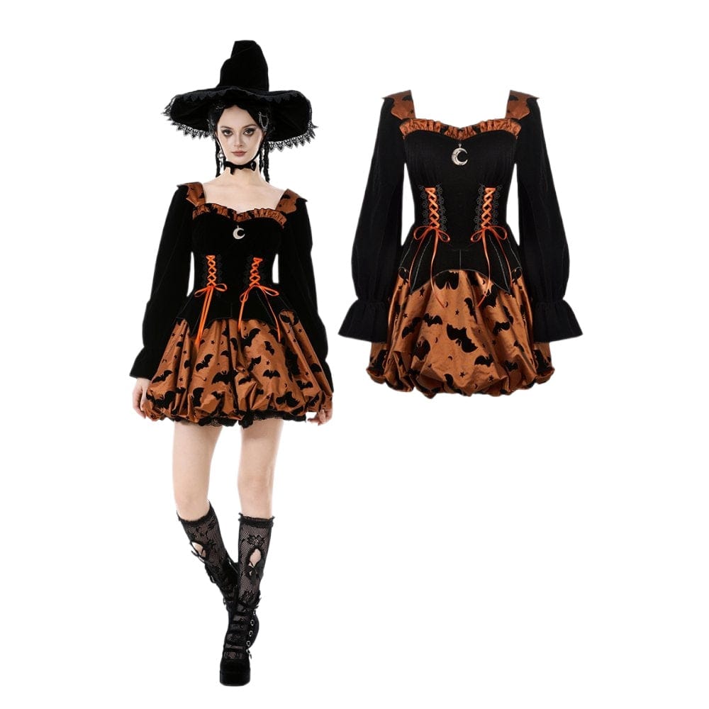 Darkinlove Women's Gothic Bat Printed Lace-up Pumpkin Halloween Dress
