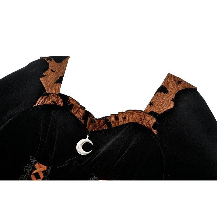 Darkinlove Women's Gothic Bat Printed Lace-up Pumpkin Halloween Dress