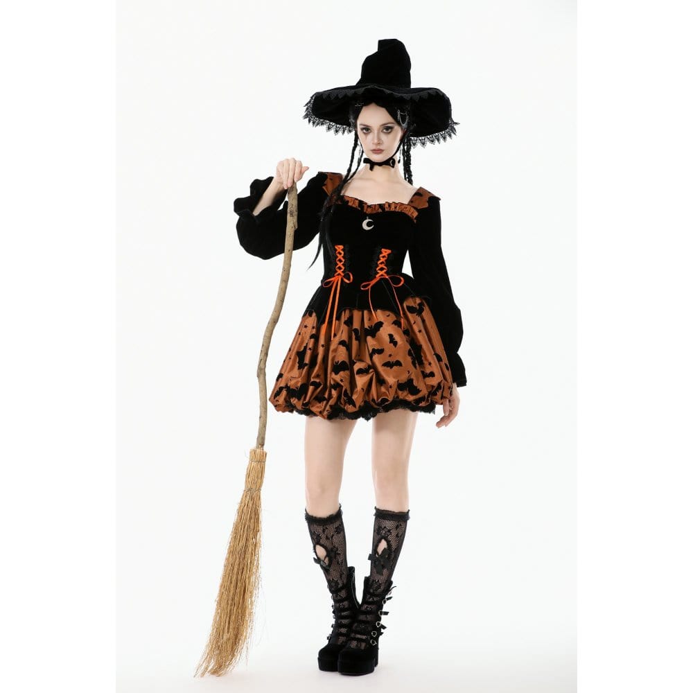 Darkinlove Women's Gothic Bat Printed Lace-up Pumpkin Halloween Dress