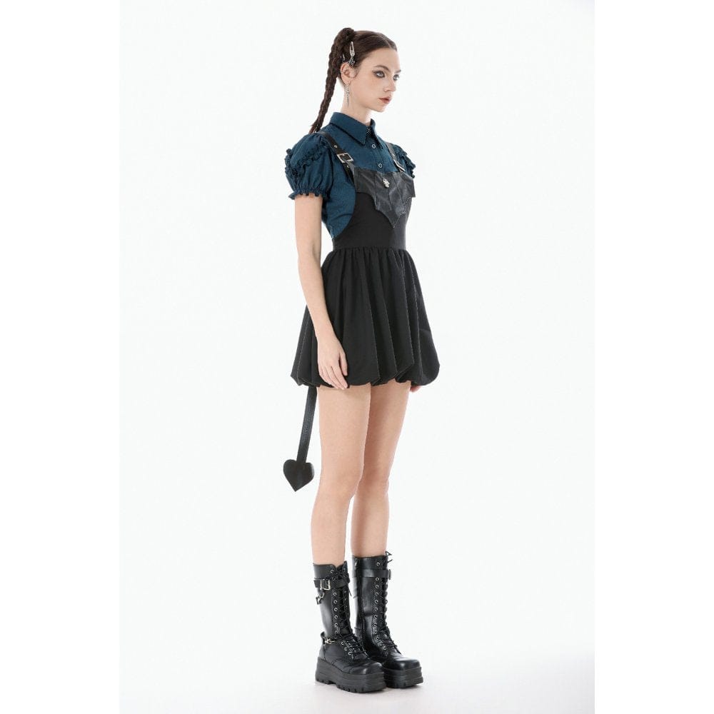 Darkinlove Women's Gothic Bat Wing Buckle Suspender Dress with Tail