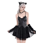 Darkinlove Women's Gothic Bat Wing Cut Edge Lace-up Layered Mesh Hem Slip Dress