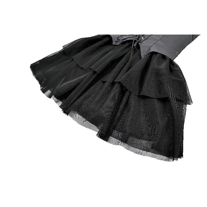 Darkinlove Women's Gothic Bat Wing Cut Edge Lace-up Layered Mesh Hem Slip Dress