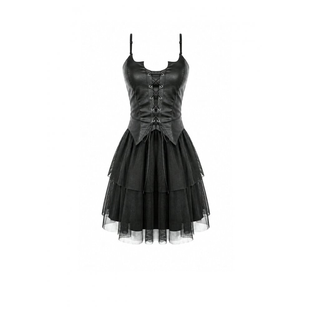 Darkinlove Women's Gothic Bat Wing Cut Edge Lace-up Layered Mesh Hem Slip Dress