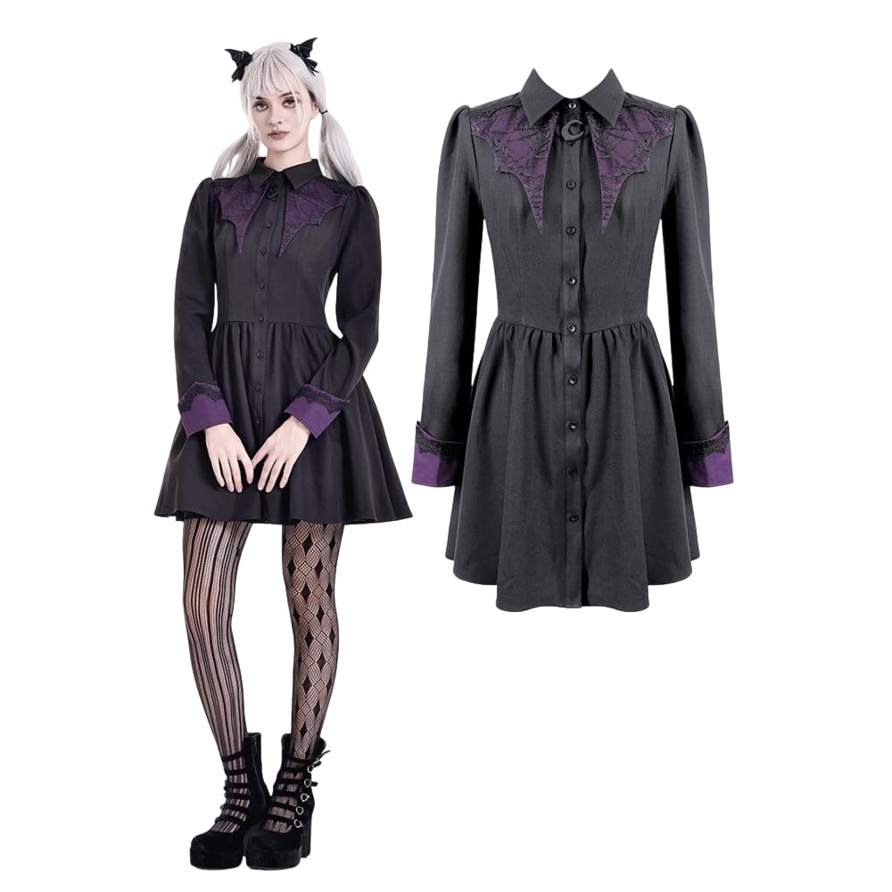 Darkinlove Women's Gothic Bat Wing Patchwork Two‑Tone Long Sleeved Short Dress
