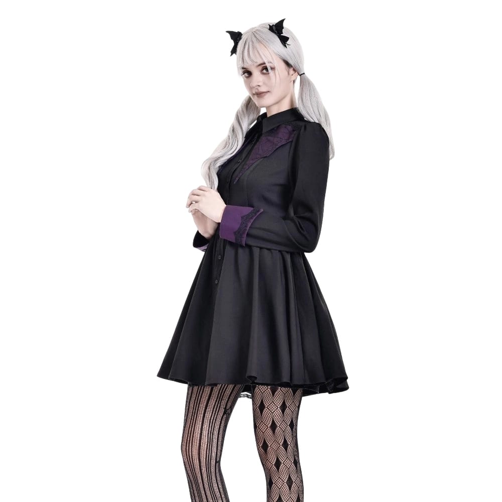 Darkinlove Women's Gothic Bat Wing Patchwork Two‑Tone Long Sleeved Short Dress