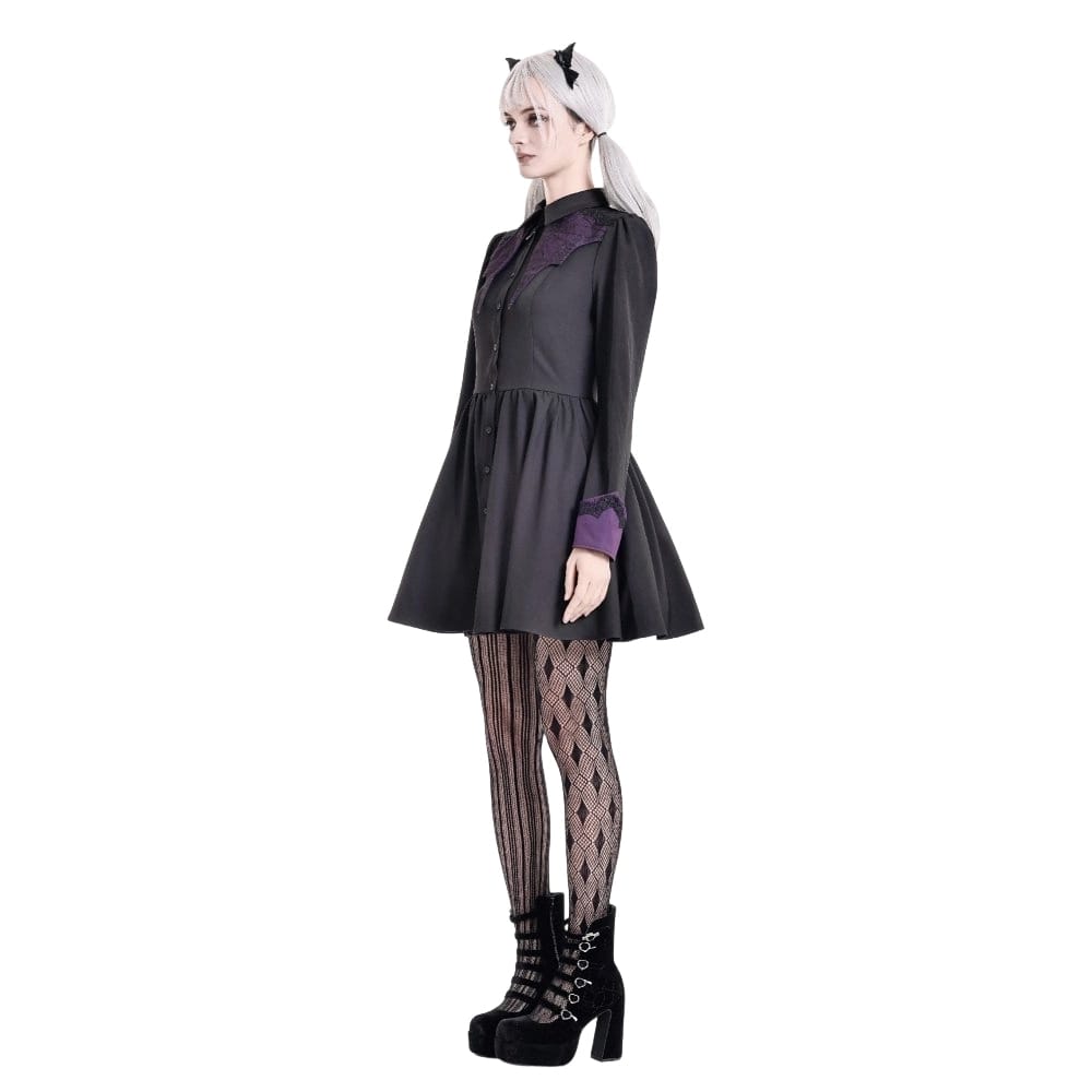 Darkinlove Women's Gothic Bat Wing Patchwork Two‑Tone Long Sleeved Short Dress