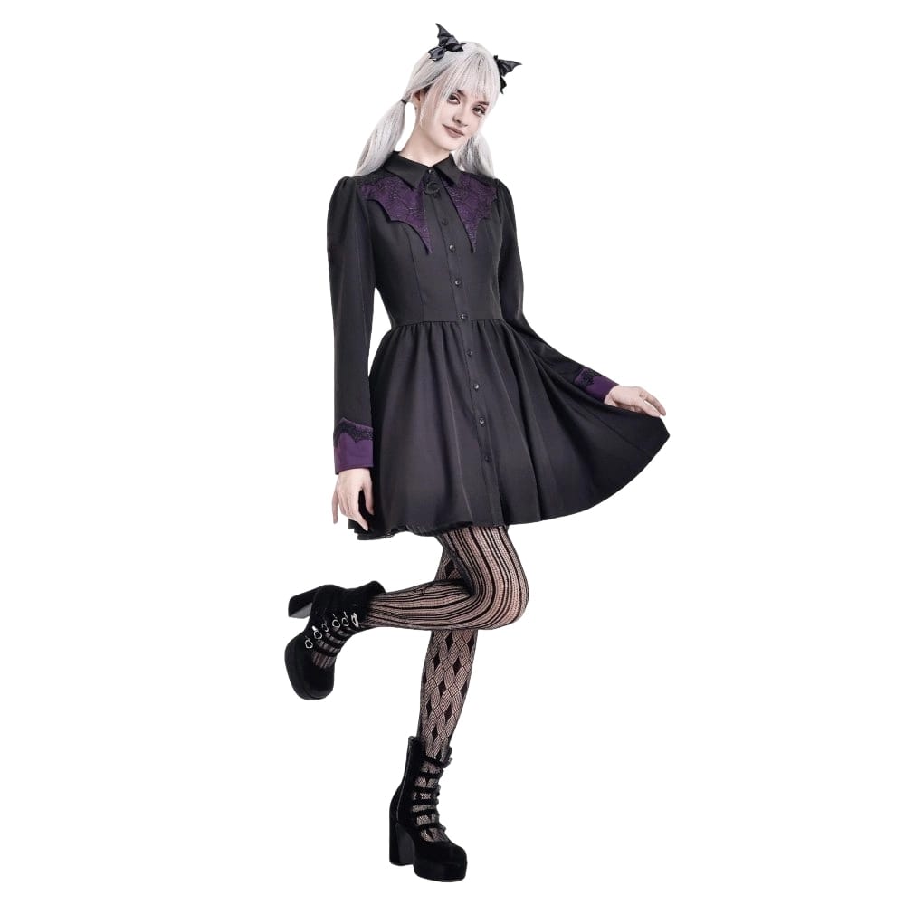 Darkinlove Women's Gothic Bat Wing Patchwork Two‑Tone Long Sleeved Short Dress