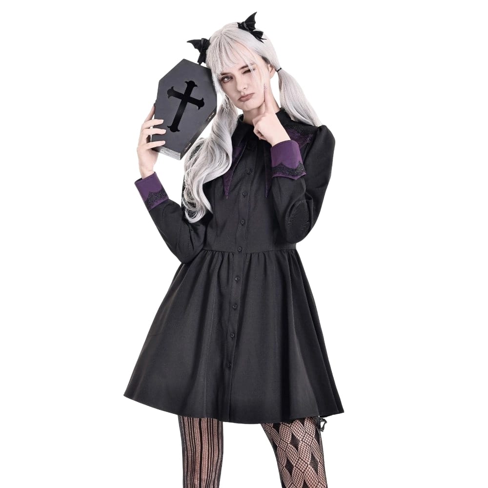 Darkinlove Women's Gothic Bat Wing Patchwork Two‑Tone Long Sleeved Short Dress