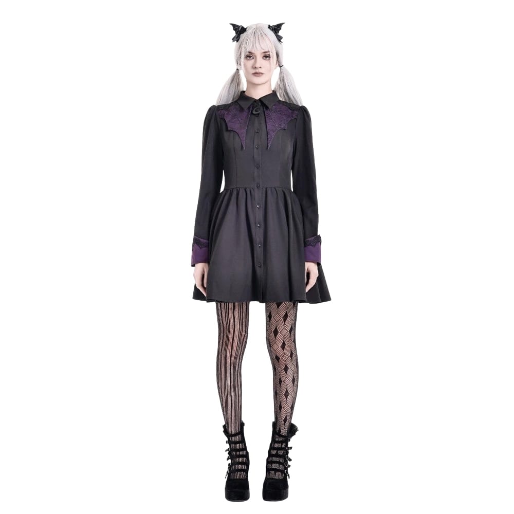 Darkinlove Women's Gothic Bat Wing Patchwork Two‑Tone Long Sleeved Short Dress