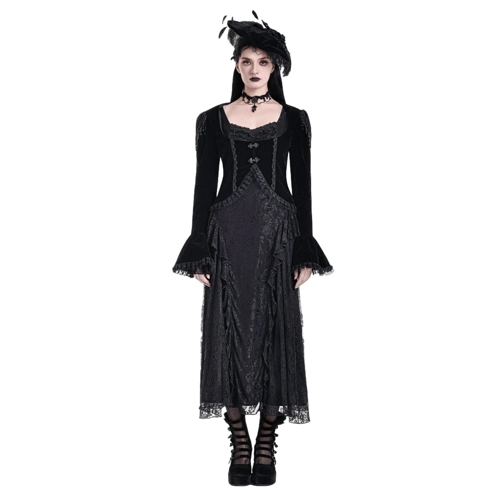 Darkinlove Women's Gothic Beaded Tassel Lace Trim Bell Sleeve Velvet Top