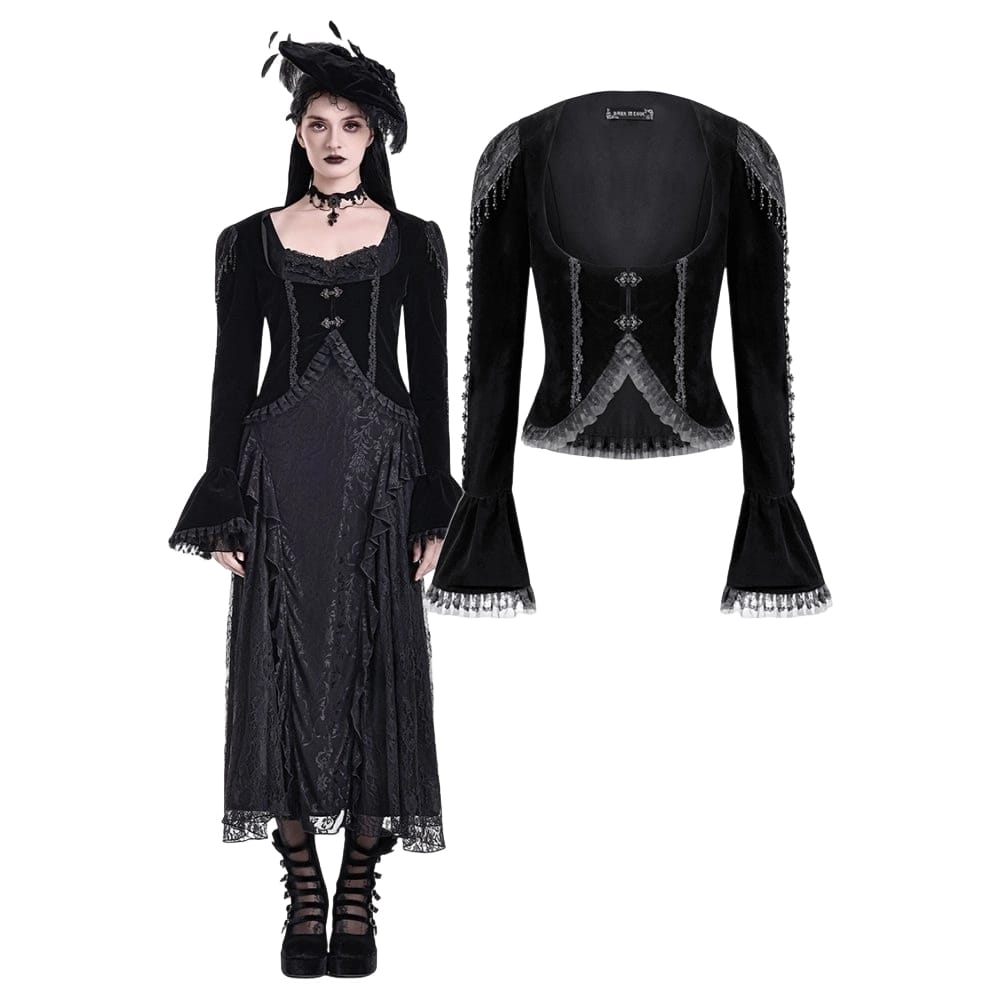 Darkinlove Women's Gothic Beaded Tassel Lace Trim Bell Sleeve Velvet Top