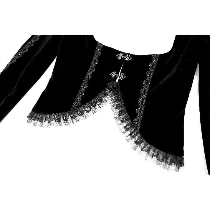 Darkinlove Women's Gothic Beaded Tassel Lace Trim Bell Sleeve Velvet Top