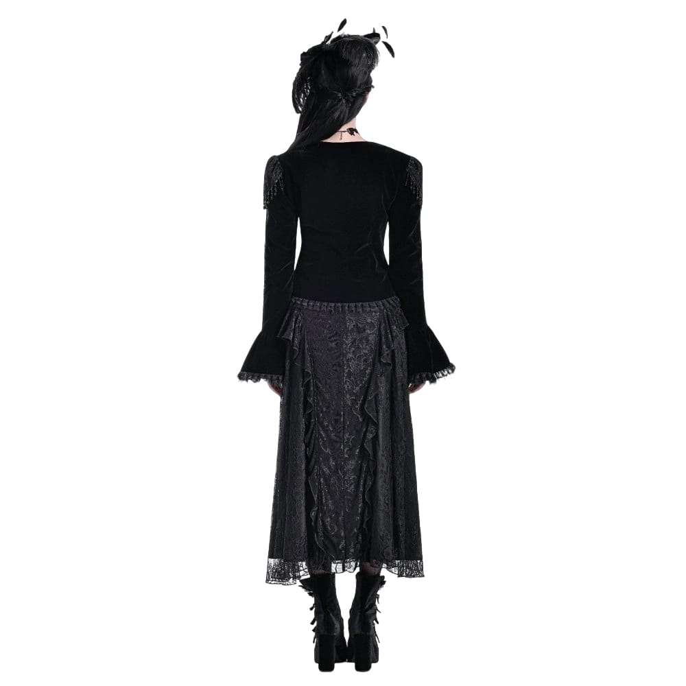 Darkinlove Women's Gothic Beaded Tassel Lace Trim Bell Sleeve Velvet Top