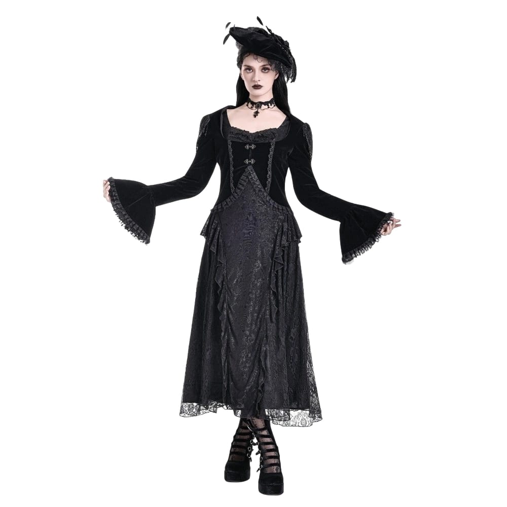 Darkinlove Women's Gothic Beaded Tassel Lace Trim Bell Sleeve Velvet Top