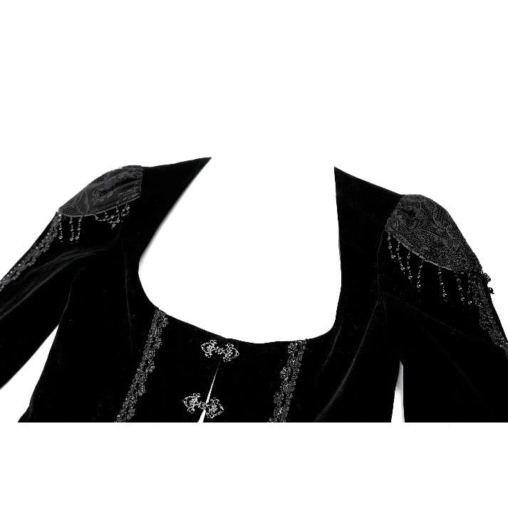 Darkinlove Women's Gothic Beaded Tassel Lace Trim Bell Sleeve Velvet Top